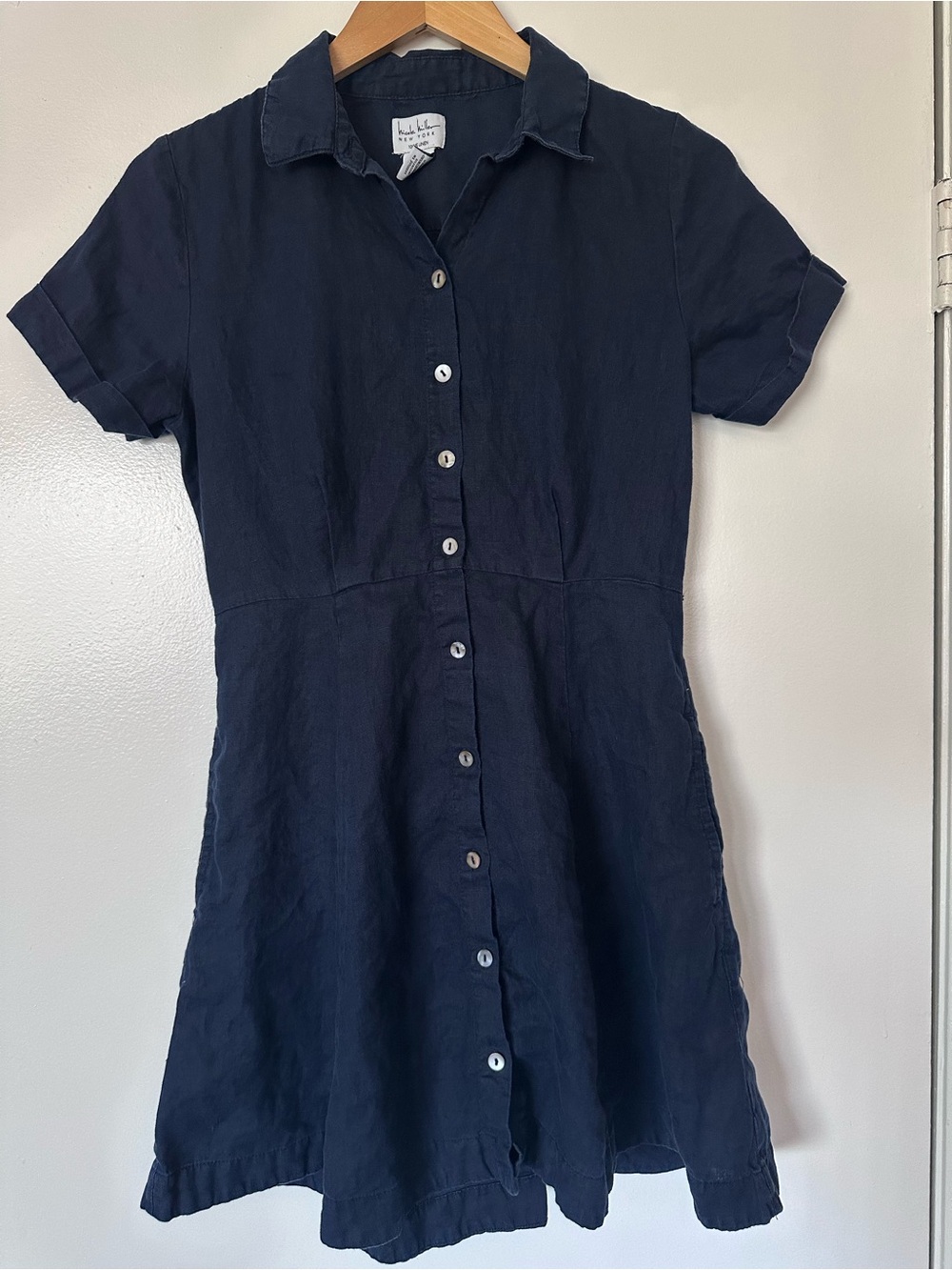 Linen Navy Short-Sleeve Button-Down Midi Dress